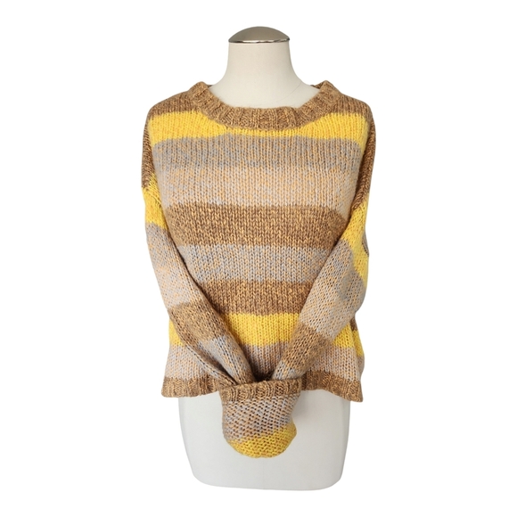 Moon + Madison Brown & Yellow Striped Crop Sweater Size L | Preppy Knit Long - Picture 1 of 7